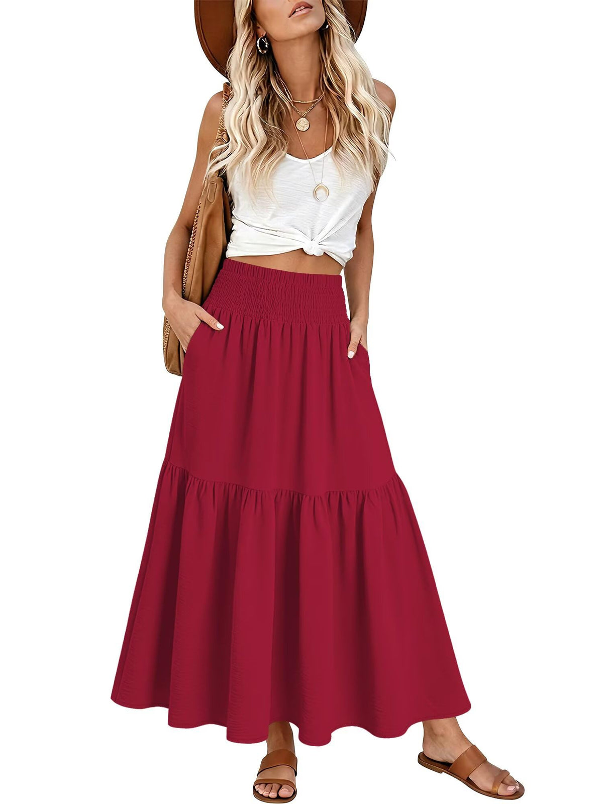 StunShow Women's Maxi Skirts Boho High Waisted Flowy A Line Pleated Beach Long Skirt with Pockets(S-XXL)