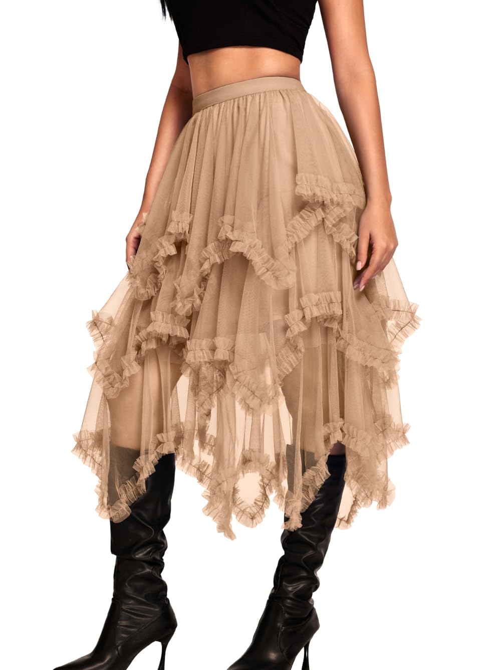 Kaei&Shi Long Tulle Skirt,Asymmetrical Ruffle Hem,Renaissance Fairy Costume