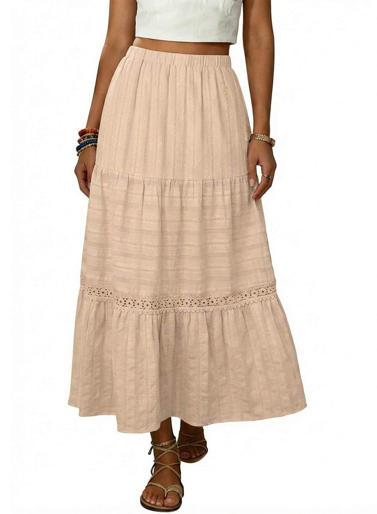 BLENCOT Women's Boho Tiered High Waisted Cotton Long Flowy Skirt