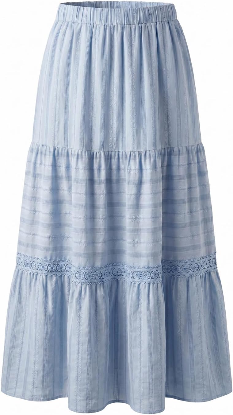BLENCOT Women's Boho Tiered High Waisted Cotton Long Flowy Skirt