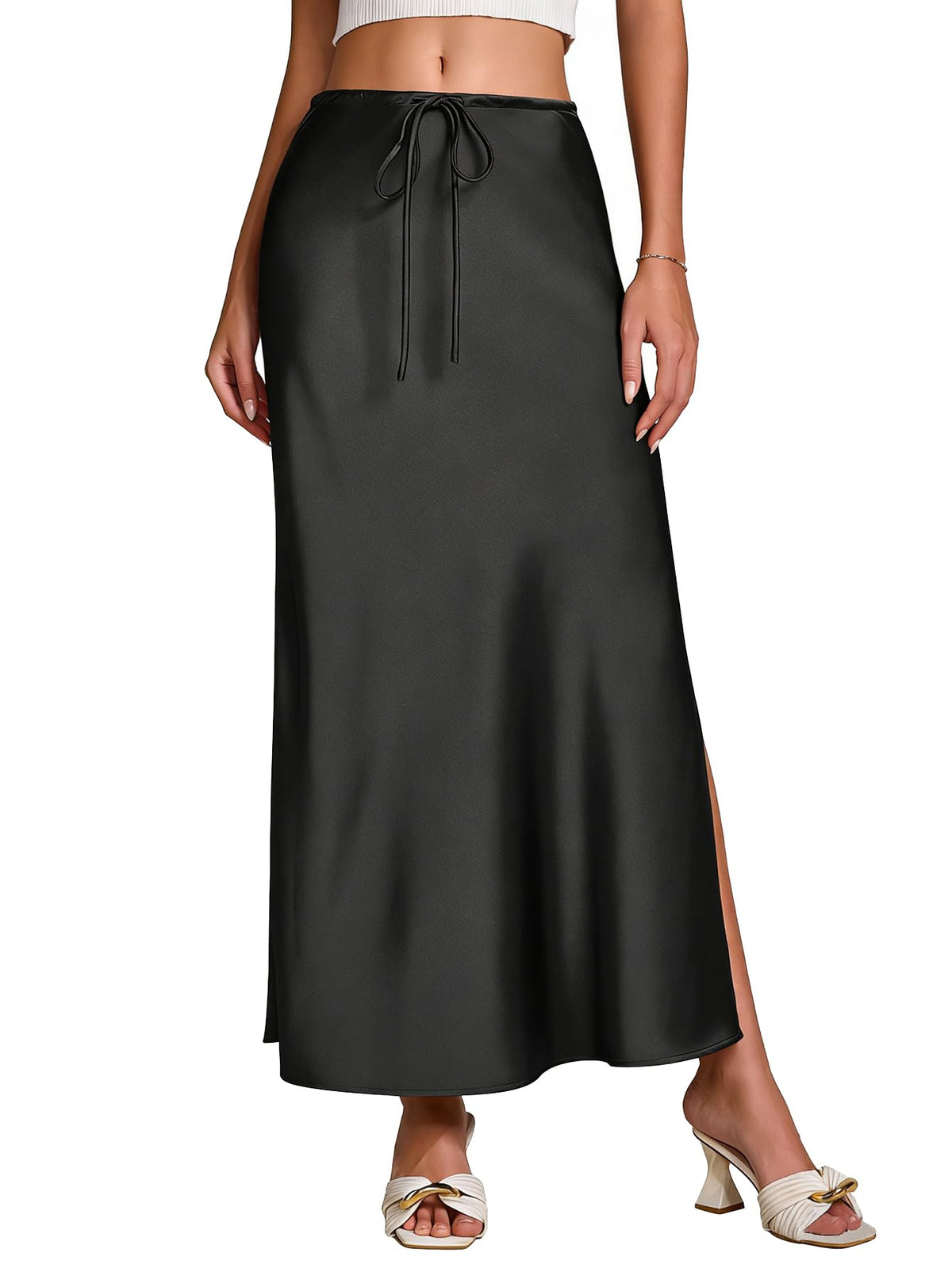 Women's Satin Silk Maxi Skirts Slit Drawstring Flared Casual A-Line Long Skirt for Women Ankle-Length Skirt