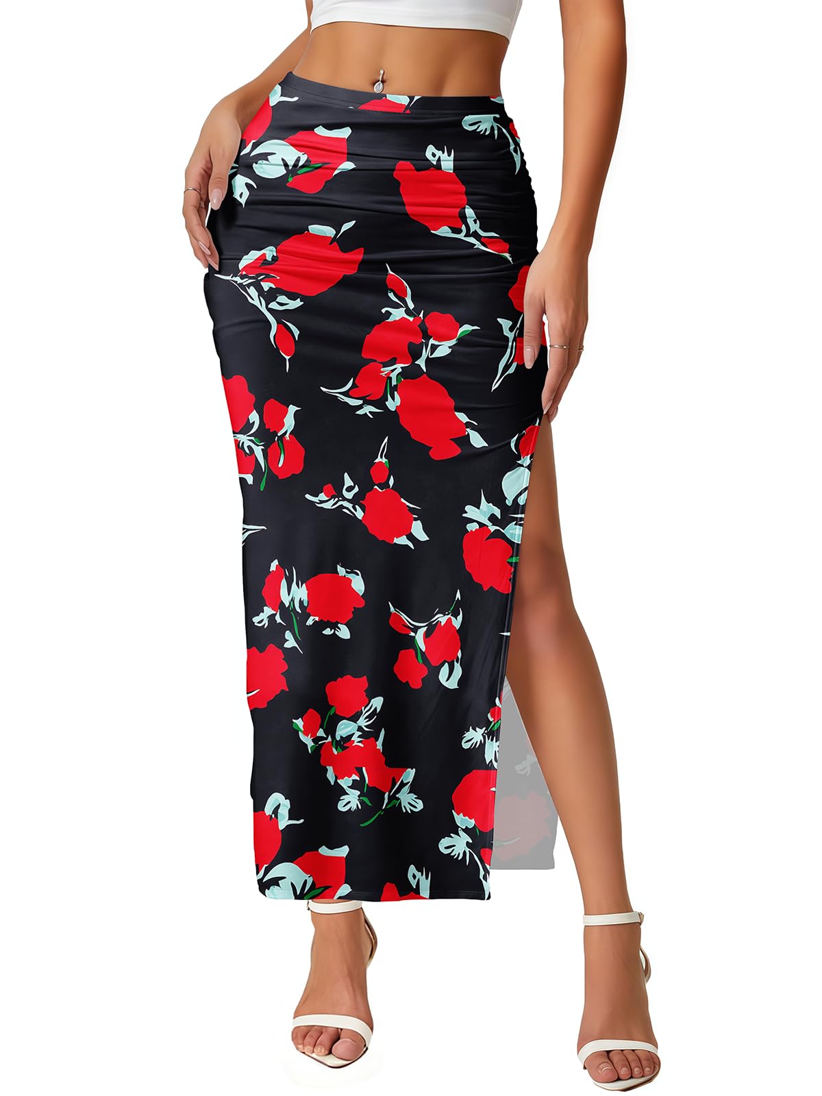 Women's Maxi Skirt Ruched Side Slit Thigh Elegant Bodycon Pencil Skirts