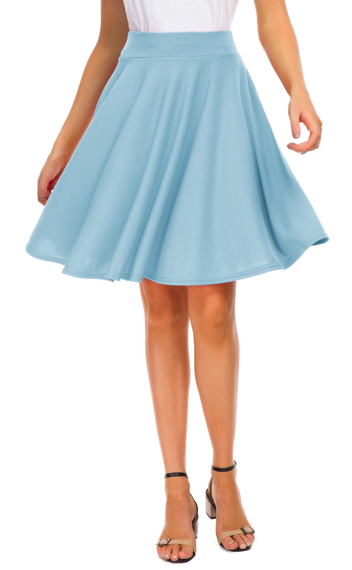 EXCHIC Women's Casual Stretchy Flared Mini Skater Skirt Basic A-Line Pleated Midi Skirt
