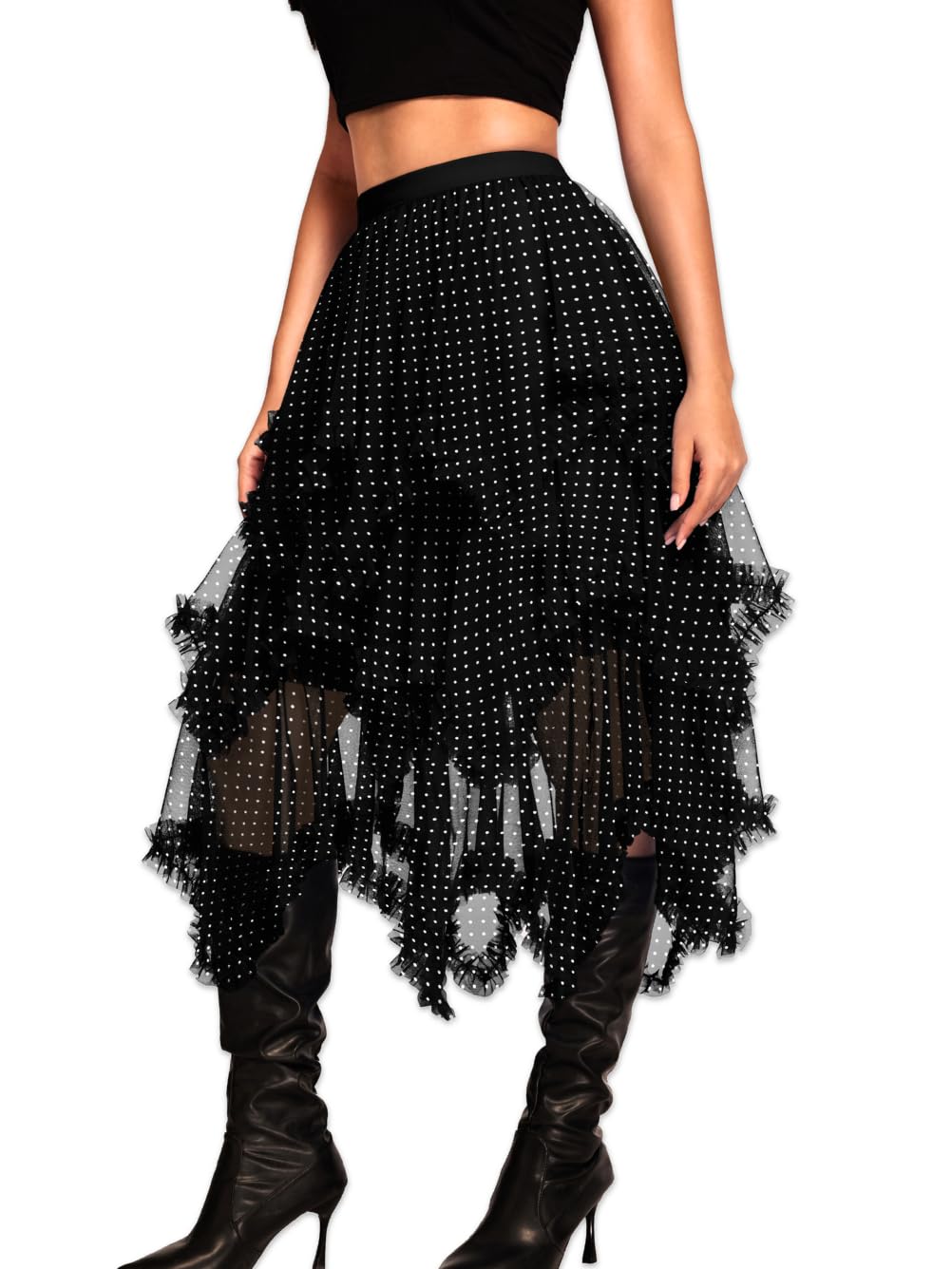 Kaei&Shi Long Tulle Skirt,Asymmetrical Ruffle Hem,Renaissance Fairy Costume