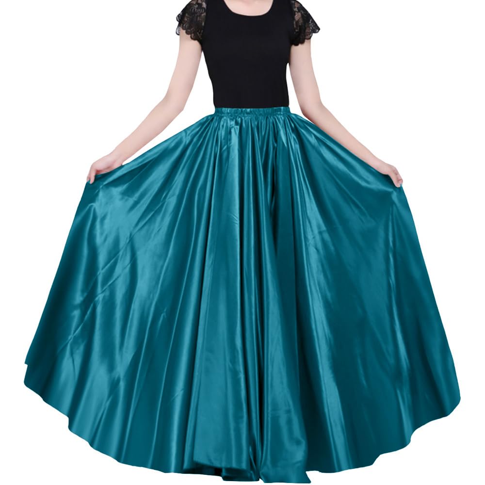 Ladies 90cm Satin Maxi Midi Skirt Long Dress Elastic Waist for Belly Dance Princess Party Cosplay Costume