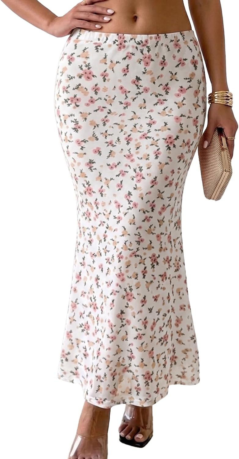 ELLEVEN Women's Floral Mesh Maxi Skirt Boho Flowy Mermaid Bodycon Elastic High Waisted Long Skirts for Women