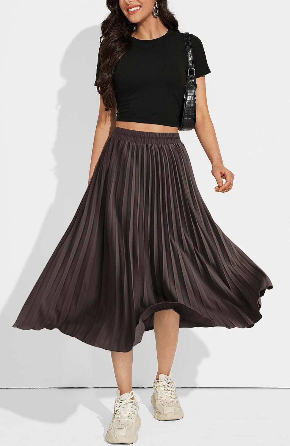 Basoteeuo Womens Skirt Leopard Print Midi Long Shirring Pleated Skirts High Waisted A Line Skirts
