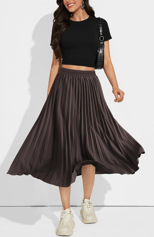 Basoteeuo Womens Skirt Leopard Print Midi Long Shirring Pleated Skirts High Waisted A Line Skirts