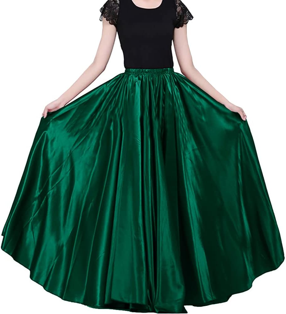 Ladies 90cm Satin Maxi Midi Skirt Long Dress Elastic Waist for Belly Dance Princess Party Cosplay Costume