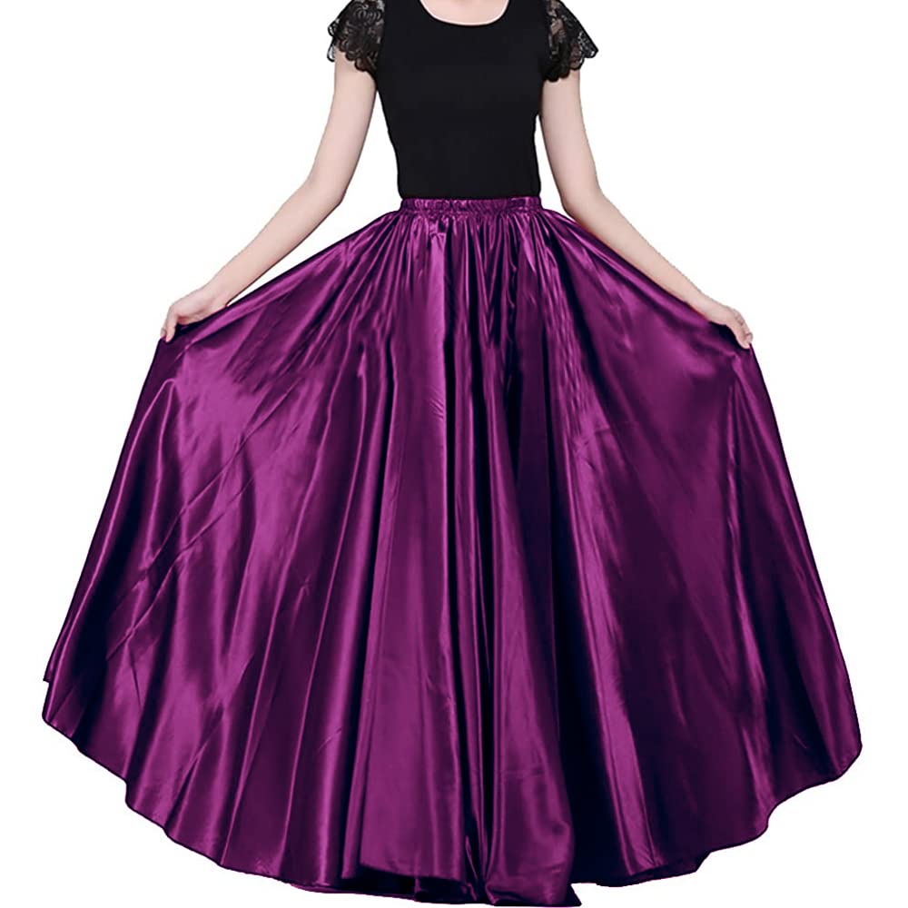 Ladies 90cm Satin Maxi Midi Skirt Long Dress Elastic Waist for Belly Dance Princess Party Cosplay Costume
