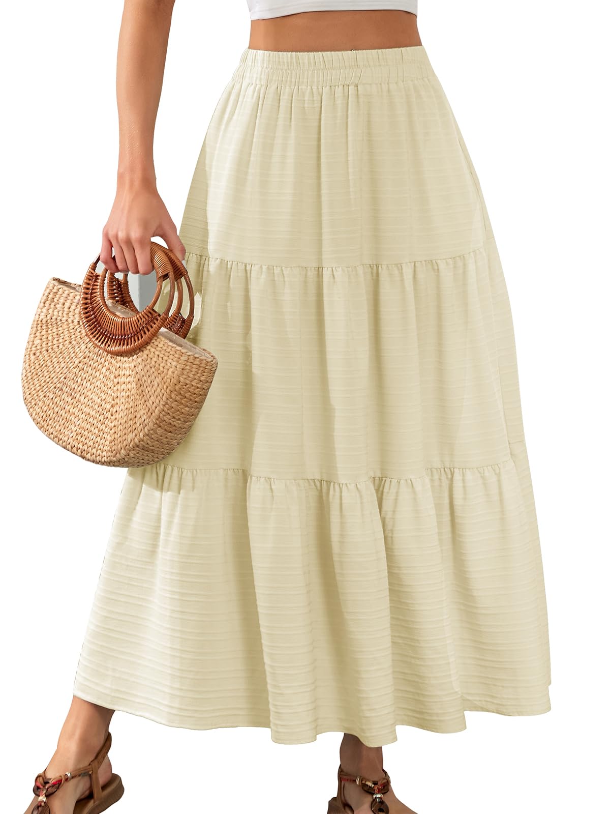 HUSKARY Women's Summer Casual Elegant Smock Layered Tiered Maxi Skirt High Waisted A Line Flowy Long Skirts with Pockets