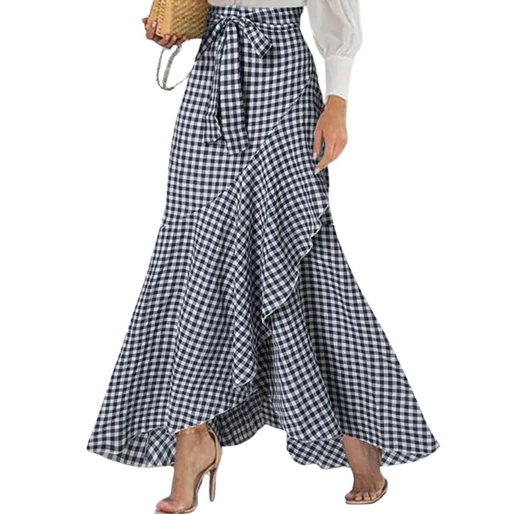 chouyatou Women's Casual Plaid Mermaid Maxi Skirt A Line Irregular Ruffle Hem Fishtail Long Skirt