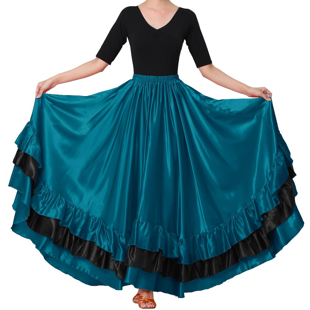 Women Black Red Layers Satin Long Skirt for Spanish Flamenco Belly Dance Mexico Ballet Folklorico Performance