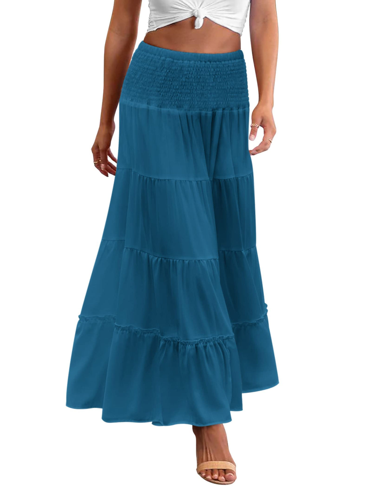 Zeagoo Women's Long Maxi Skirts Tiered Elastic High Waist Boho Double Layered Print A-Line Casual Midi Dress