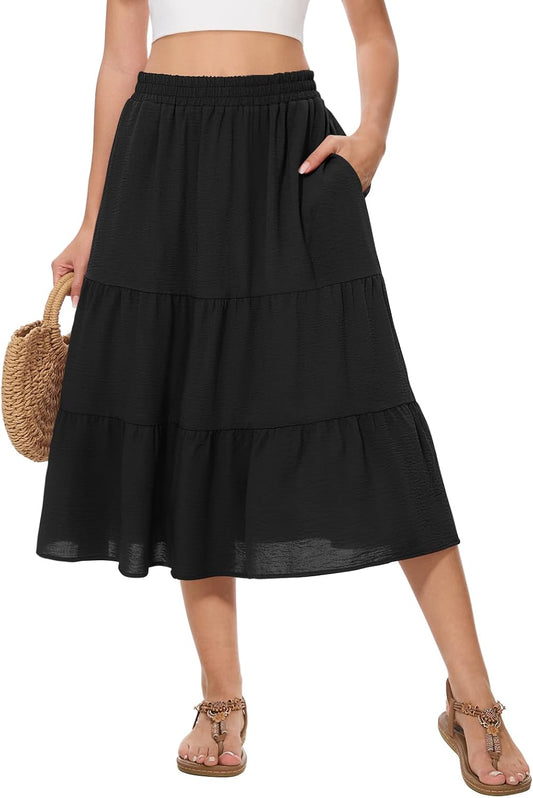 Women's Summer Midi Tiered Flowy High Waist A-Line Casual Skirts