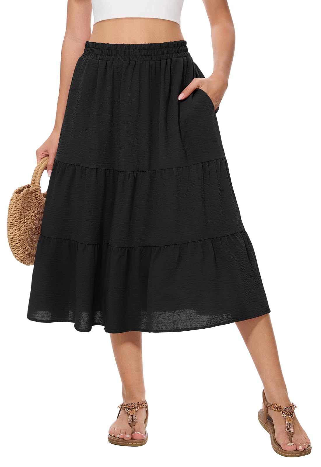Women's Summer Midi Tiered Flowy High Waist A-Line Casual Skirts