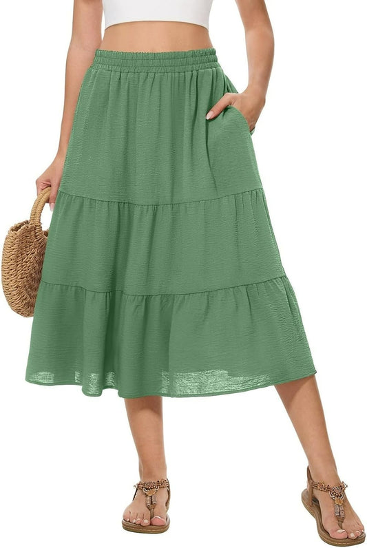 Women's Summer Midi Tiered Flowy High Waist A-Line Casual Skirts