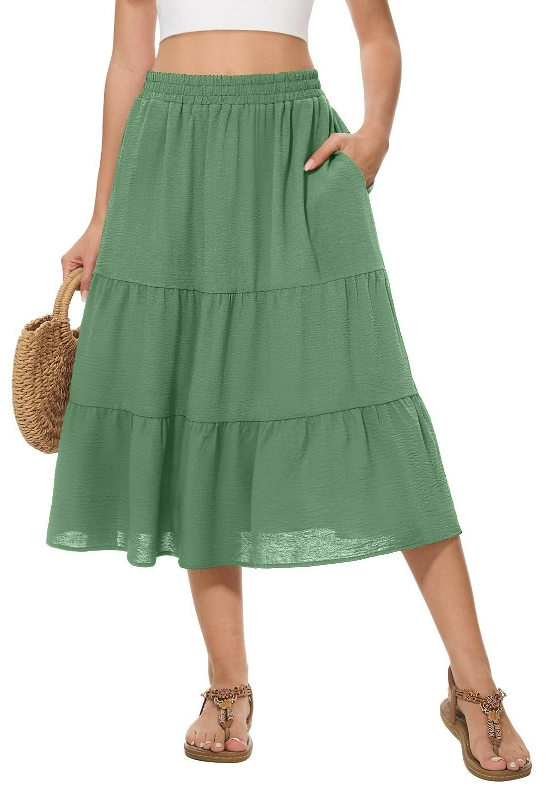 Women's Summer Midi Tiered Flowy High Waist A-Line Casual Skirts