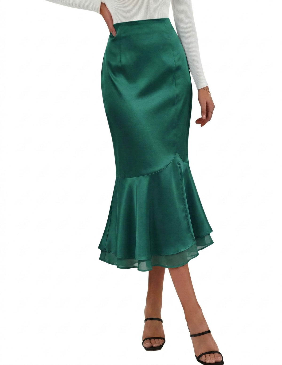 DERAX Womens Satin Silk Mermaid Midi Skirt High Waisted Fishtail Skirts