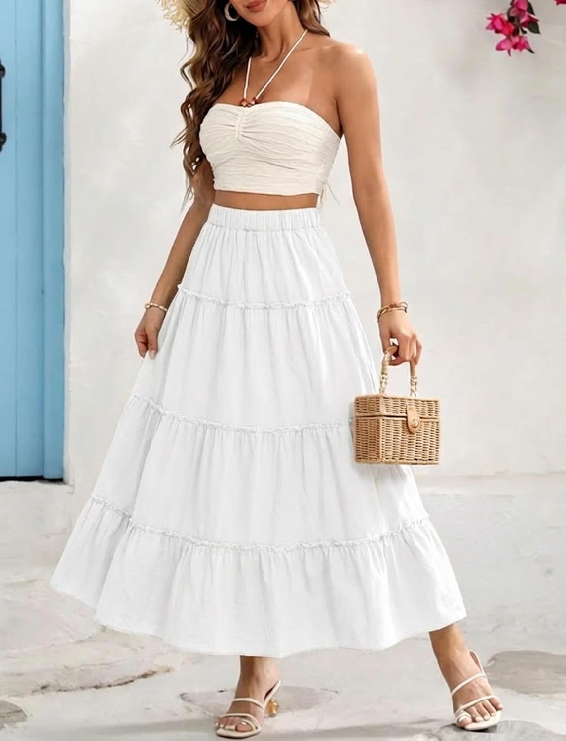 Cotton Maxi Skirt for Women Flowy Tiered Boho with Elastic Waist