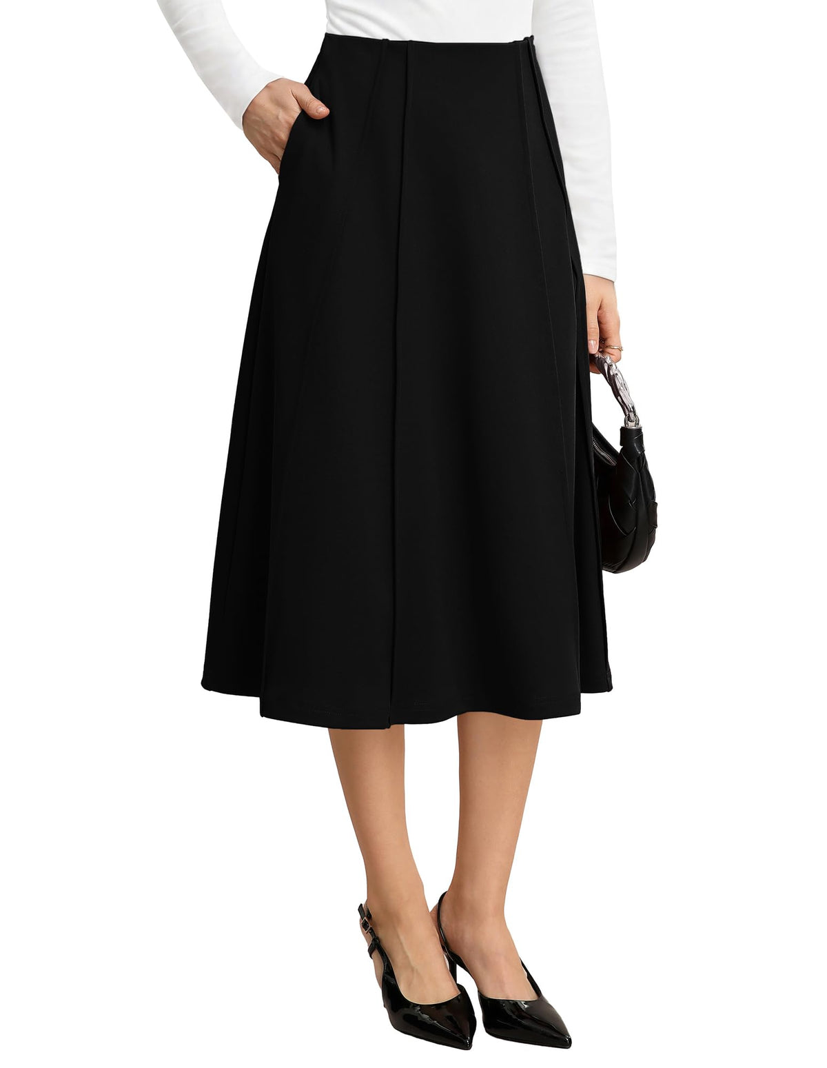 Kate Kasin Women's Midi A Line High Waisted Flowy Skirts with Pockets