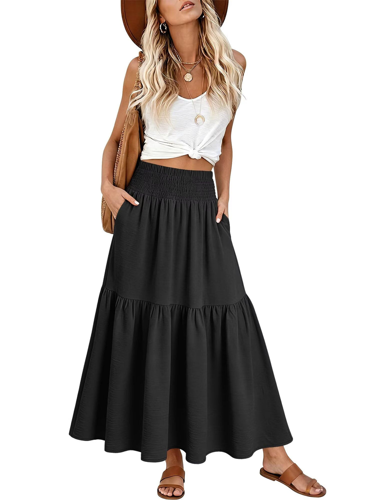 StunShow Women's Maxi Skirts Boho High Waisted Flowy A Line Pleated Beach Long Skirt with Pockets(S-XXL)