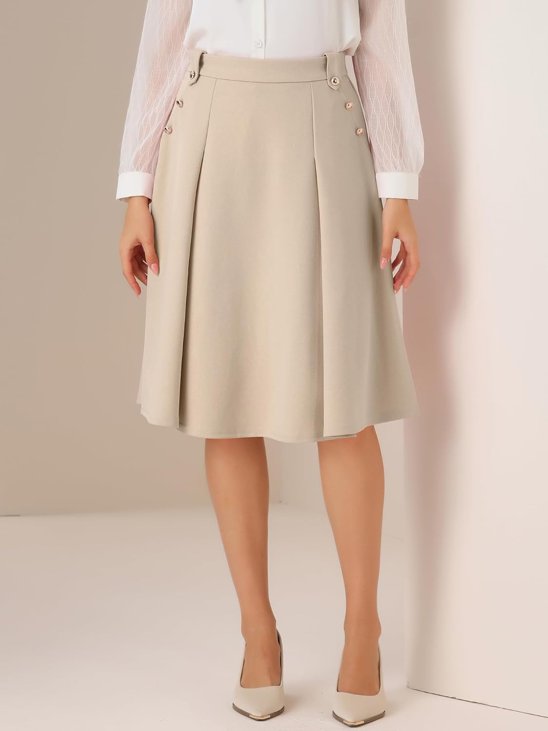 Allegra K Women Vintage High Waist A-Line Pleated Midi Business Skirt