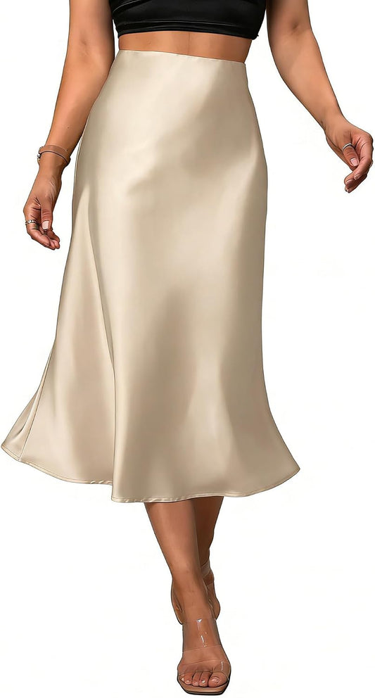 Women's Satin Midi Skirt Elegant Fishtail Silk A Line Work Casual Skirts