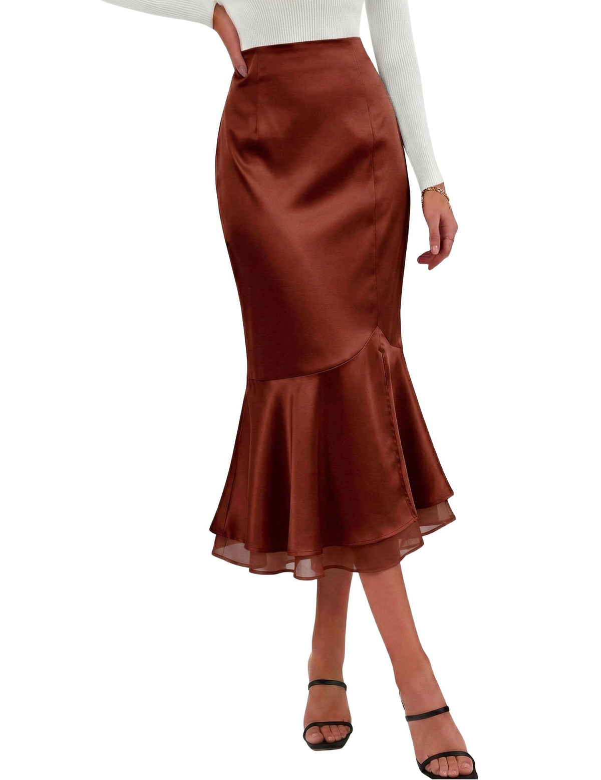 DERAX Womens Satin Silk Mermaid Midi Skirt High Waisted Fishtail Skirts