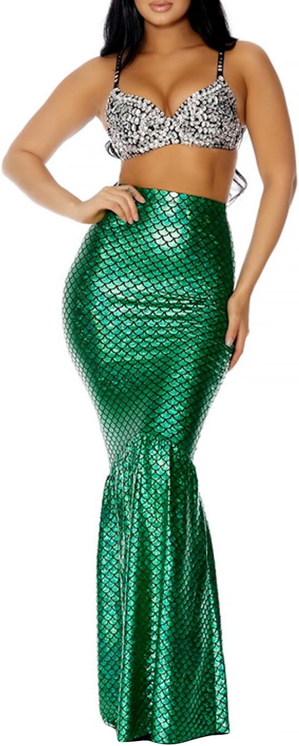Women's Halloween Mermaid Costume Skirt Sexy High Waisted Fish Tail Skirt Cosplay Fancy Sequins Fishtail Long Skirt