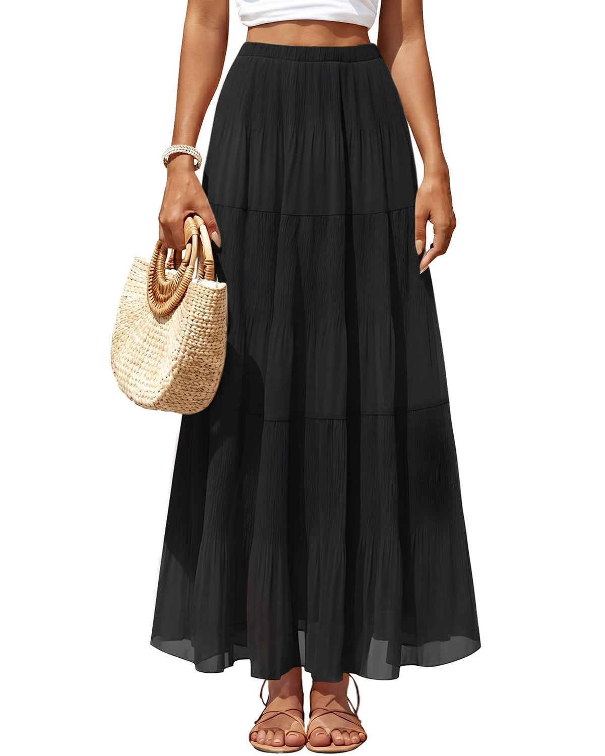 Women's Chiffon Pleated Maxi Skirt High Waist White Long Skirts