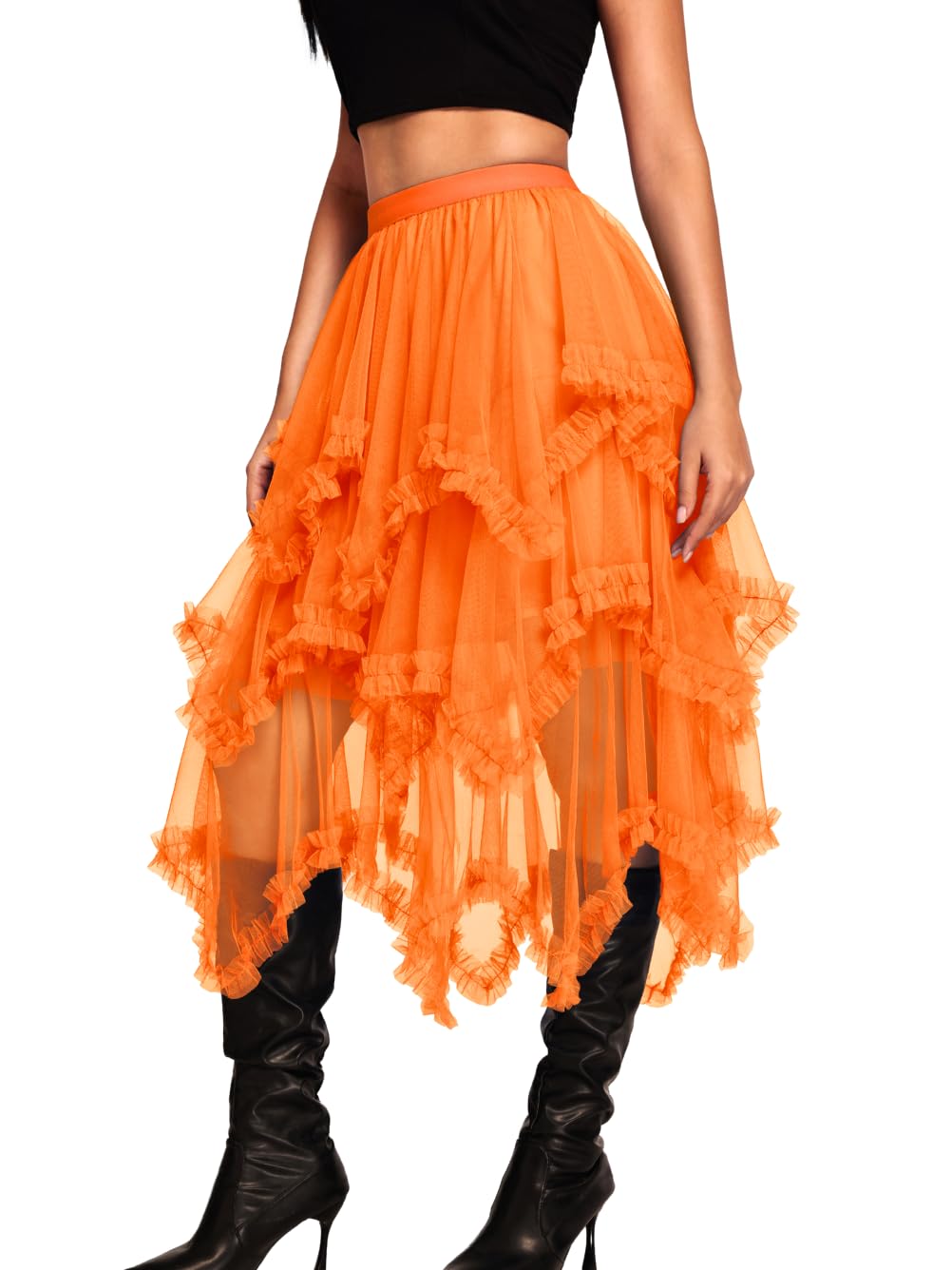 Kaei&Shi Long Tulle Skirt,Asymmetrical Ruffle Hem,Renaissance Fairy Costume