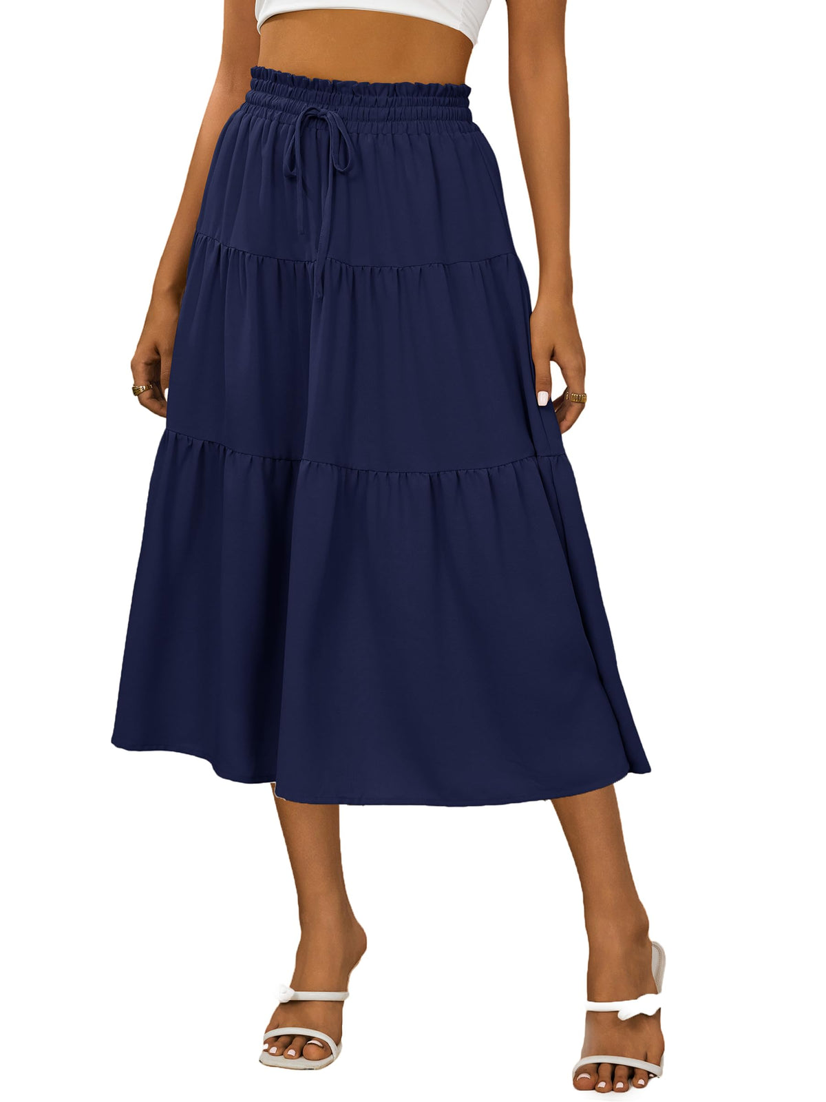 Anbech Womens Boho Midi Skirts A-Line Casual Flowy Elastic High Waist