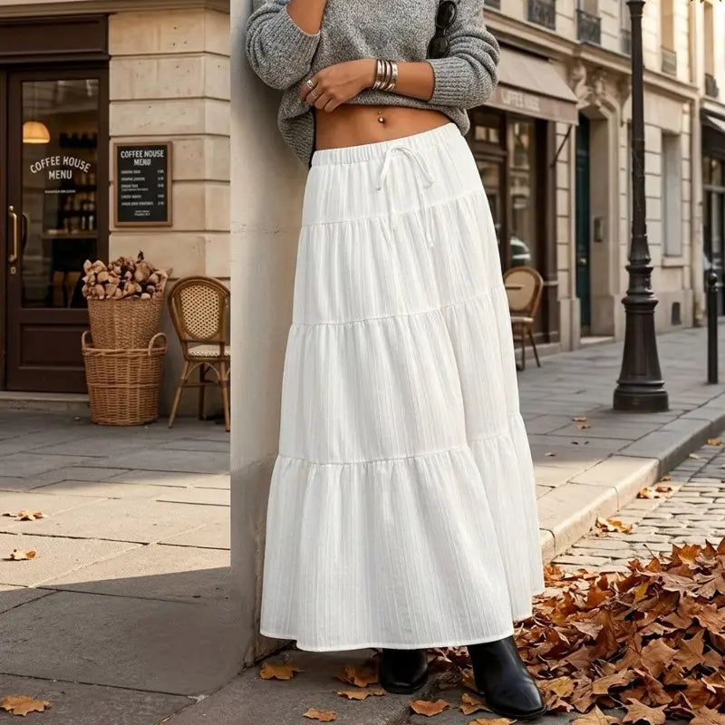 Women's Boho Flowy White Maxi Skirt Flared Ruffle Elastic Waist Summer A Line 2026 Spring Long Bohemian Skirts,back to school shopping