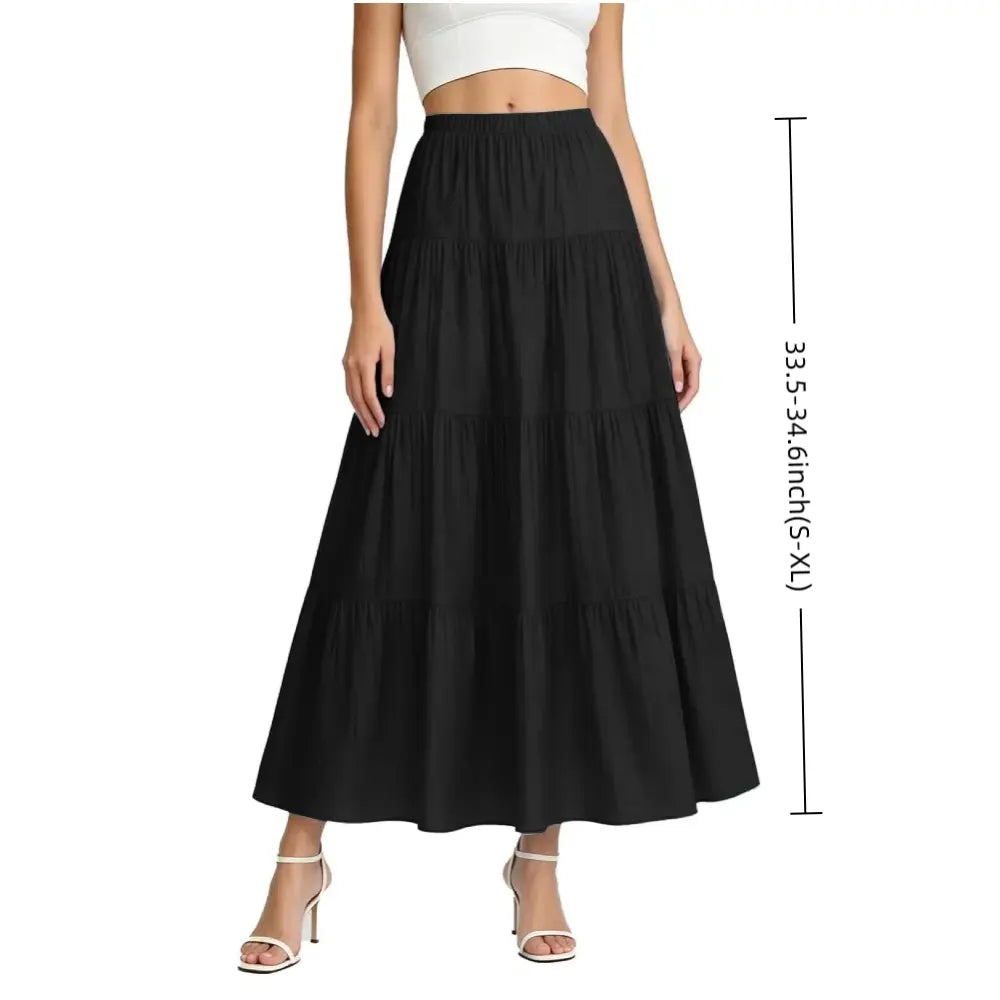 Women's Boho Comfy Solid Maxi Skirt - Elastic High Waist, Flowy Tiered A-Line, Ruffle Pleated Bottoms - Summer Beach Skirts for Women, Spring Soft Style,sohochic