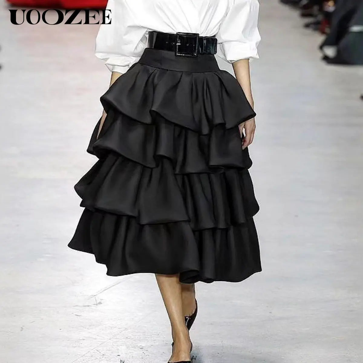 UOOZEE Women's High-Waist Tiered Cocktail Midi Skirt - Feminine A-Line with Ruffles, Structured Polyester Fabric, No Stretch Waistband,back to school shopping, Soft