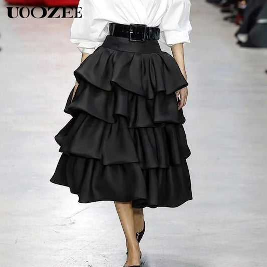 UOOZEE Women's High-Waist Tiered Cocktail Midi Skirt - Feminine A-Line with Ruffles, Structured Polyester Fabric, No Stretch Waistband,back to school shopping, Soft