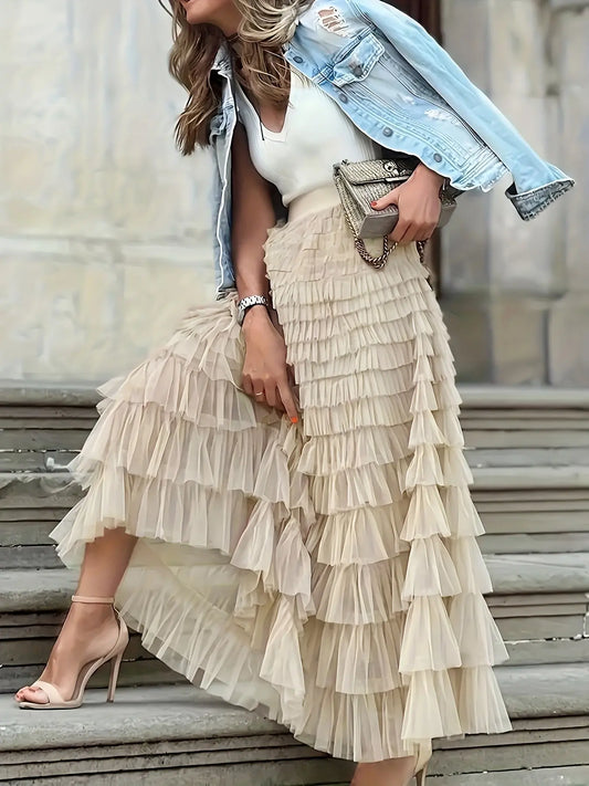 Women's Plain Ruffle Hem Tiered Layer Knit Skirt, Elegant Chic Aesthetic High Waist Fit Long Skirt for Vacation Holiday Party, Ladies Bottoms for All Seasons, Long Skirt Women All Season Skirts