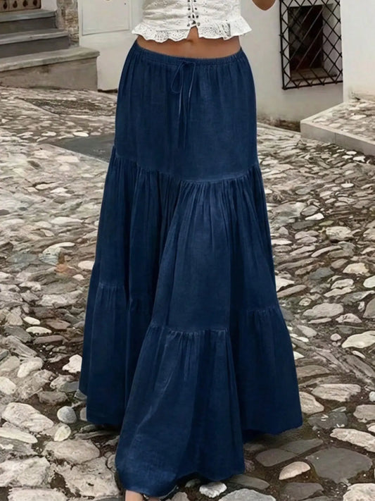 Women's Tiered Maxi Skirt with Drawstring Waist, Non-Stretch Fabric for Casual Daily Wear