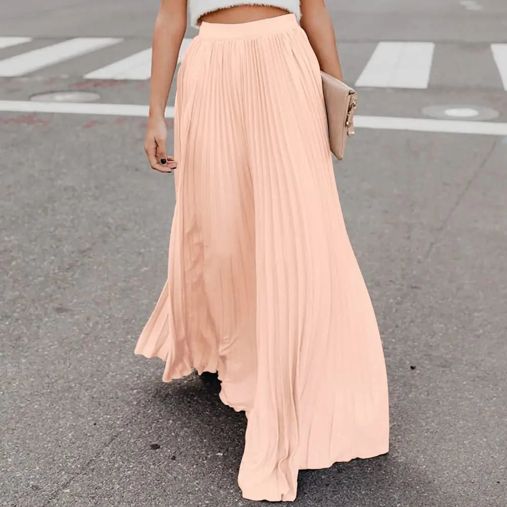 Ebossy Women's High Waist Flowy Pleated Chiffon Maxi Skirt - Casual Loose Fitted, Elastic Waist, Summer Fall Winter Wear, Basic Minimalist Design Womenswear,back to school shopping