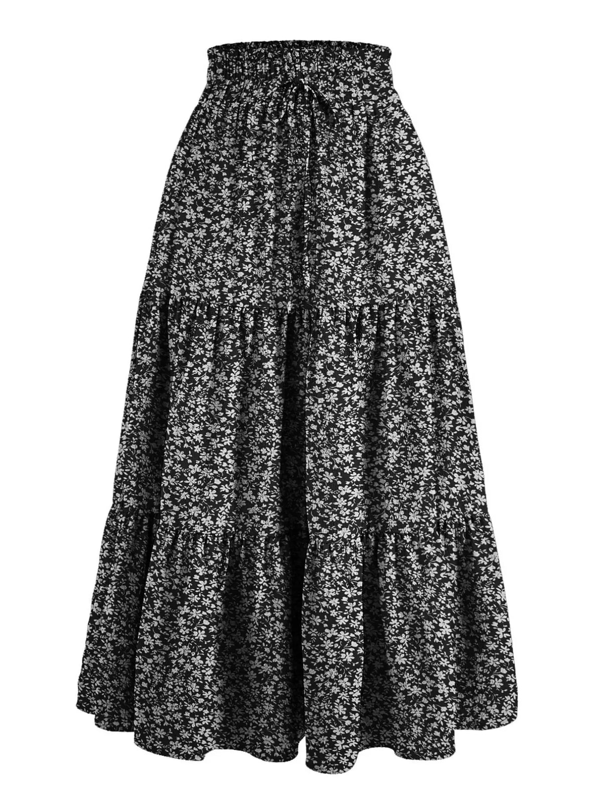 Boho High-Waisted Fishtail Skirt Bottoms, Bohemian Floral Skirt, Plain Color Solid A-Line Midi Dress, Layered Ruffle Hem, Casual Long Skirt for All Seasons
