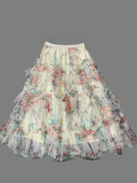 French Vintage Asymmetrical Ruffled Mesh Skirt, New Loose A-Line Ditsy Floral Long Skirt for Women, Casual & Party Wear, Ruffle Trim Skirt