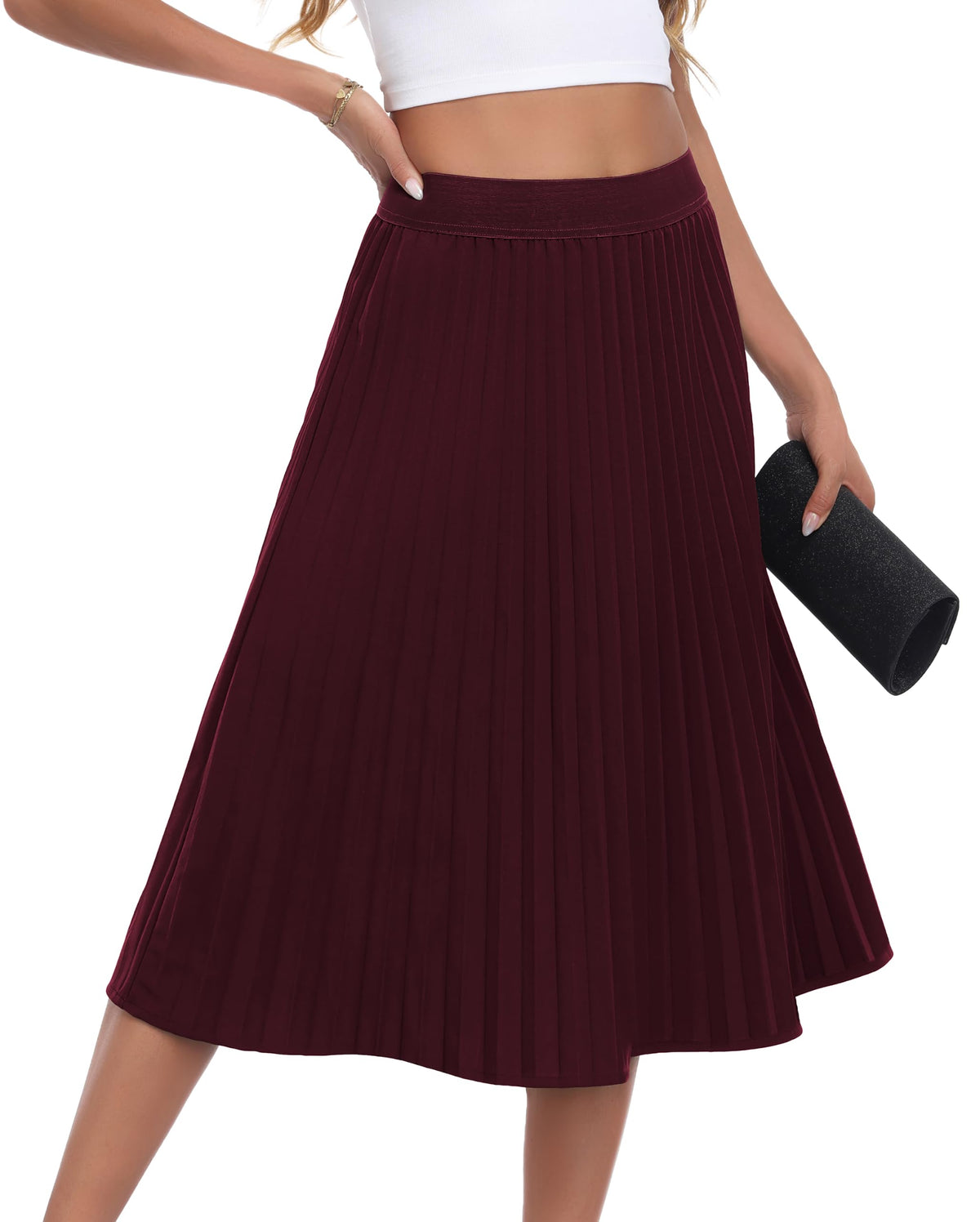 CZYINXIAN Pleated Midi Skirts for Women Elastic High Waist A-Line Skirt