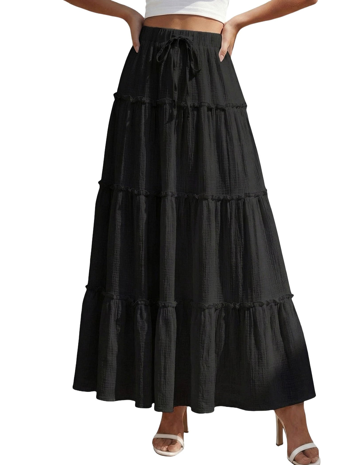 DERAX Womens Boho Maxi Skirt Flowy Ruffle Tiered High Waisted Long Skirts