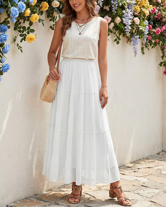 Women's Chiffon Pleated Maxi Skirt High Waist White Long Skirts