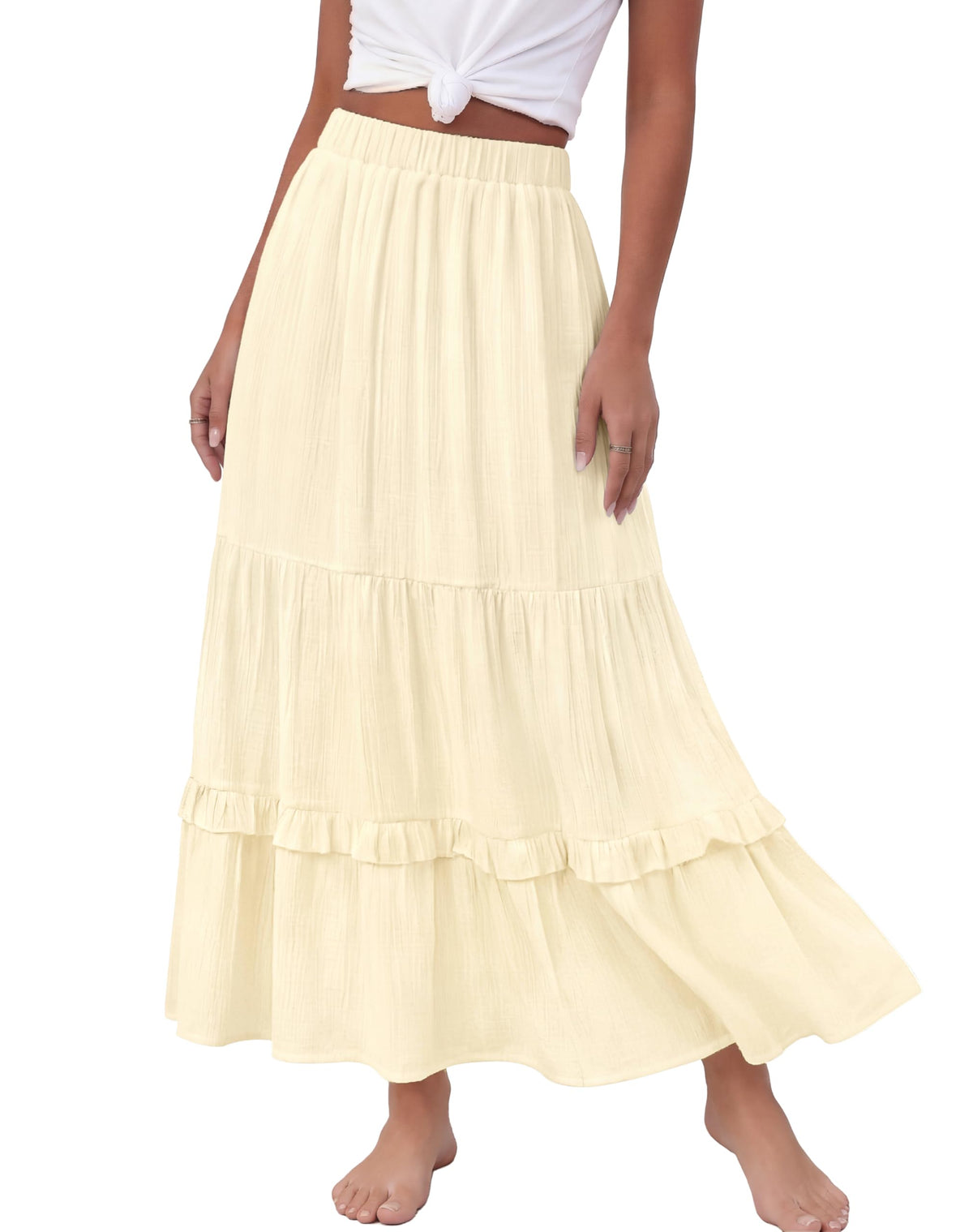 Annebouti 2026 Spring Summer Elastic Waisted Ruffle Long Skirt Flowy Tiered A-Line Maxi Skirts for Women
