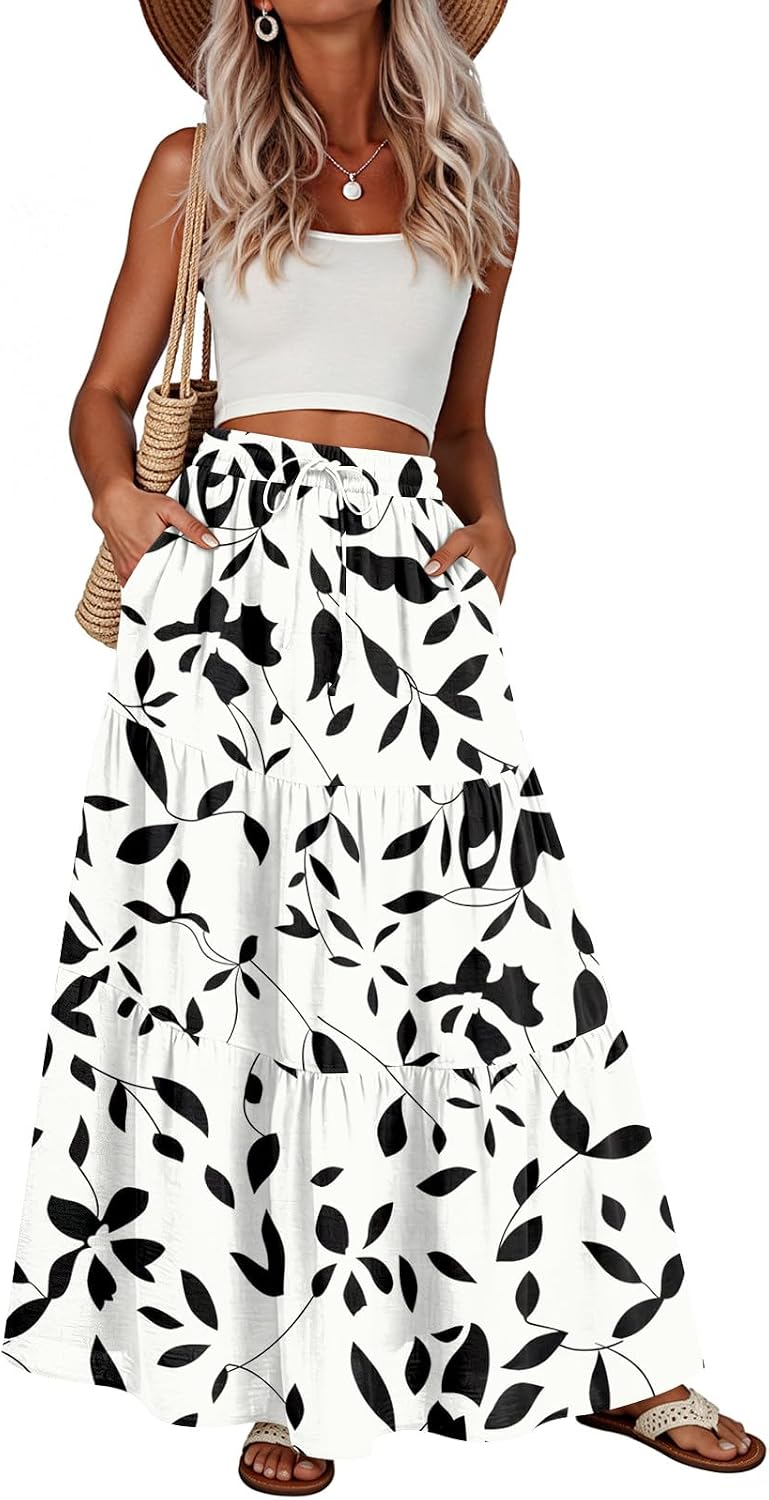 Addtoo Womens Maxi Skirt Pleated Tiered A-Line Elastic Waist Midi Skirt