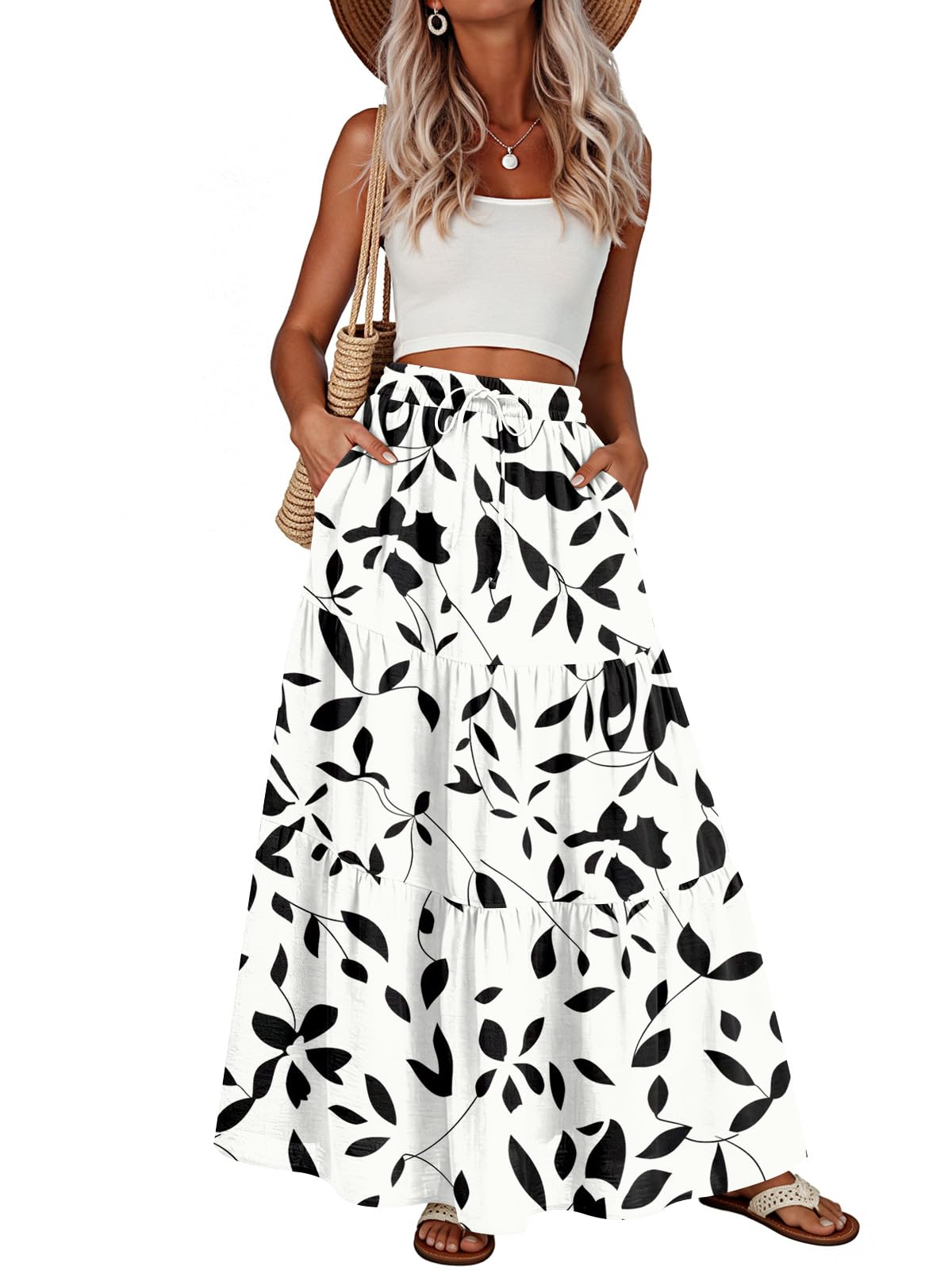 Addtoo Womens Maxi Skirt Pleated Tiered A-Line Elastic Waist Midi Skirt