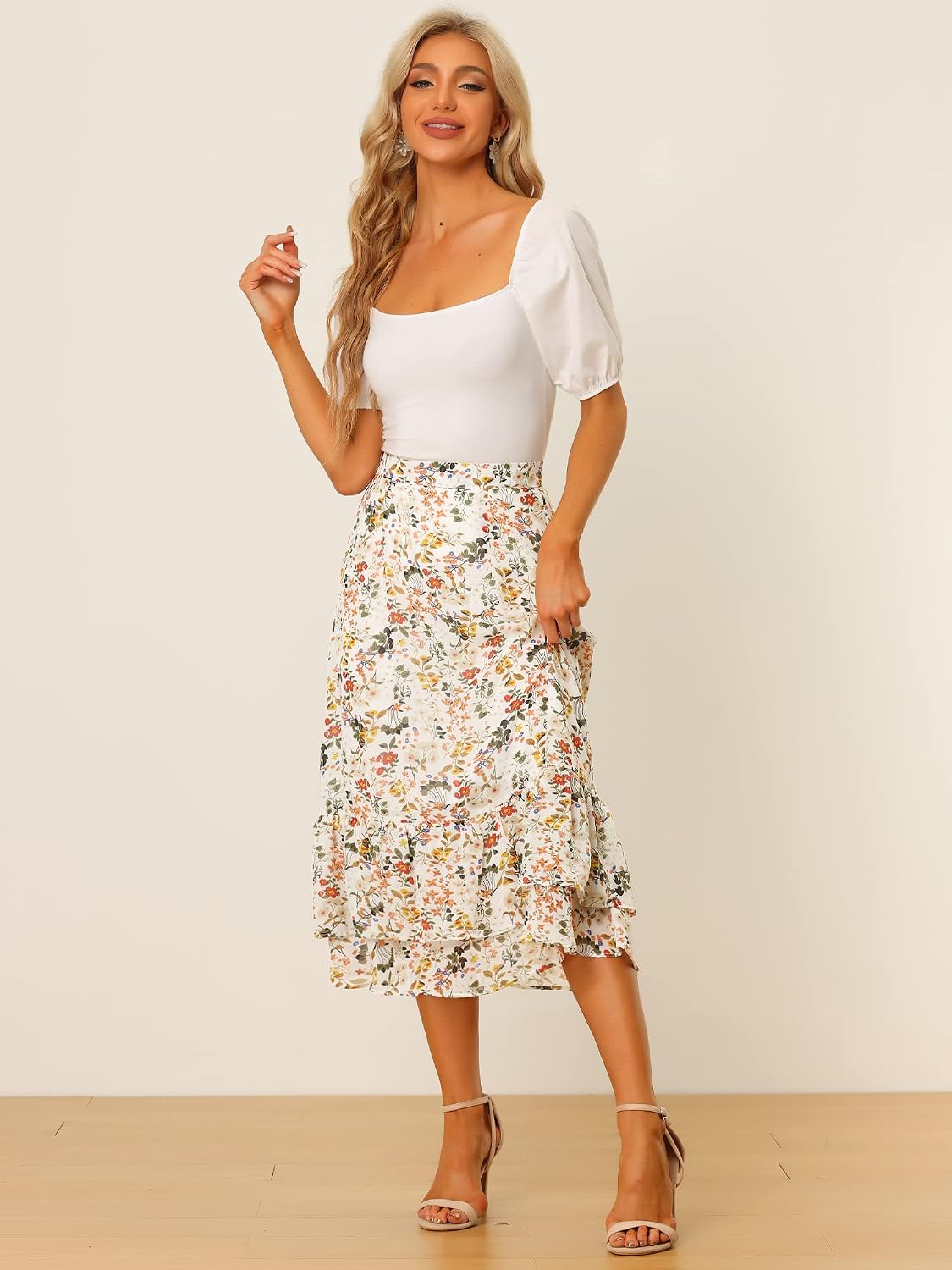 Allegra K Women's Printed Skirt Chiffon Ruffle Tiered Flowy Midi Skirts