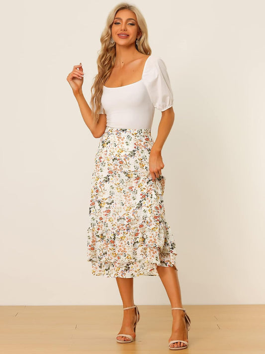 Allegra K Women's Printed Skirt Chiffon Ruffle Tiered Flowy Midi Skirts